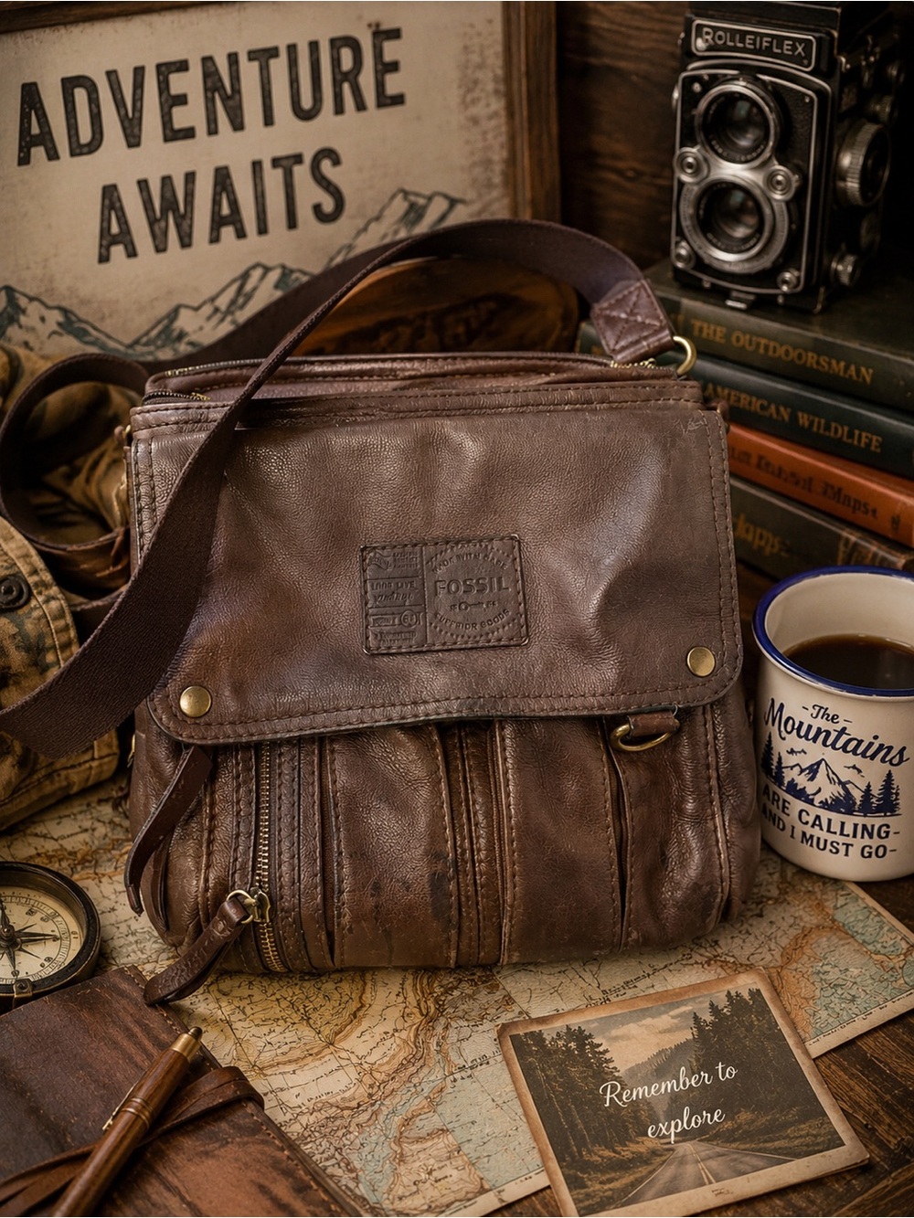 Vintage Fossil Brown Genuine Leather Crossbody Messenger Bag Multi-Pocket